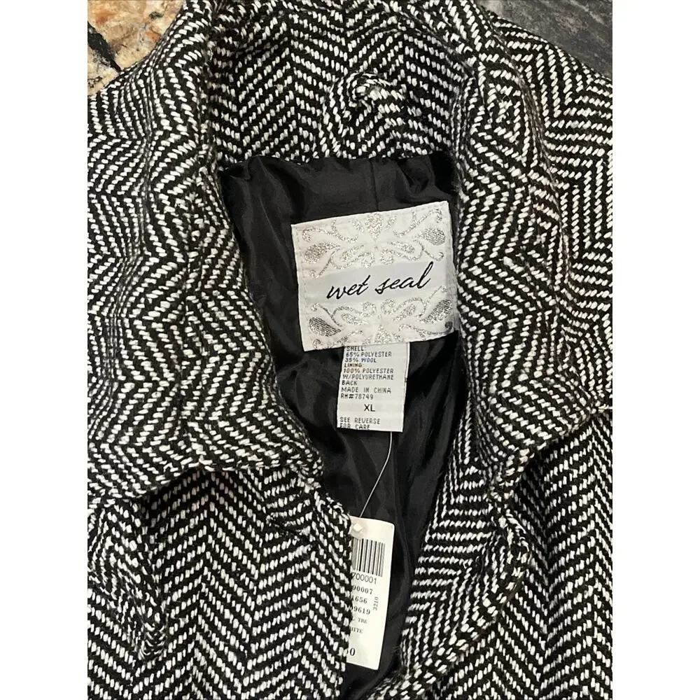 Y2K Wet Seal Herringbone Wool Blend Pea Coat Jacket Black White Herringbone‎ XL
